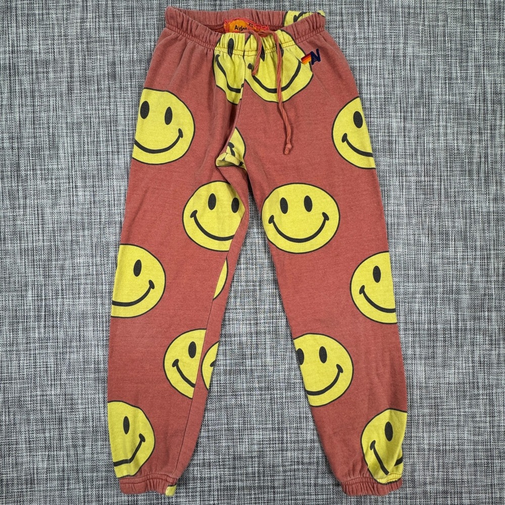 Aviator Nation Women's Sweatpants XS Smiley Face All Over Print Red Yellow